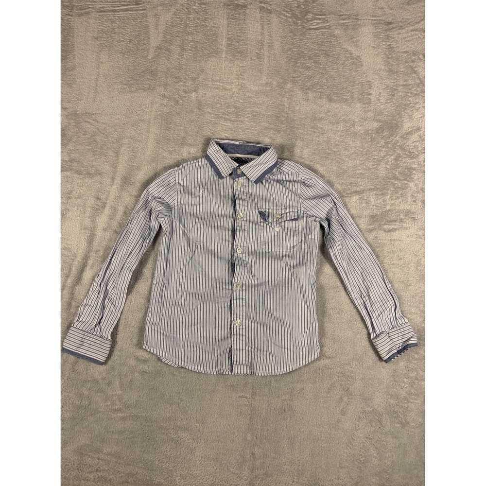 Armani Junior Boys Button-Up Shirt Size 6 Blue White Striped 100% Cotton Used